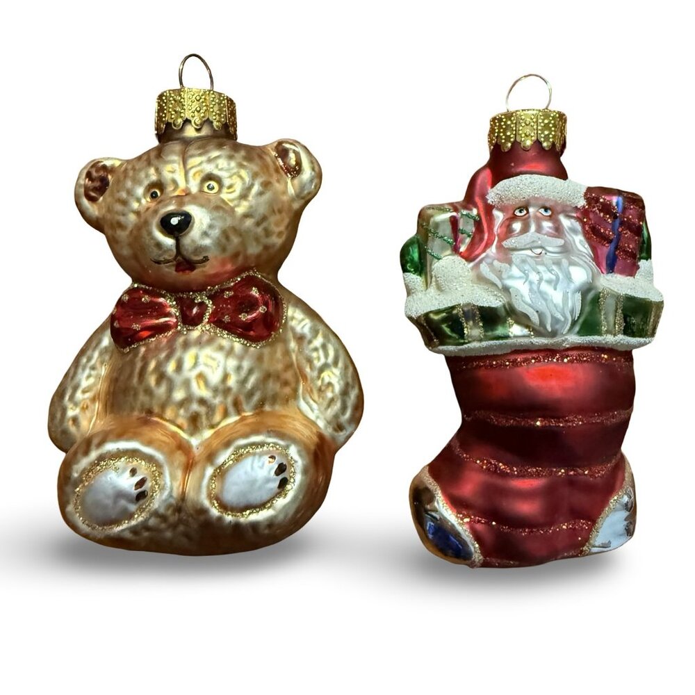 Vintage UT Teddy Bear Santa‎ Stocking Christmas Ornaments Glass Hand Painted Y2K
